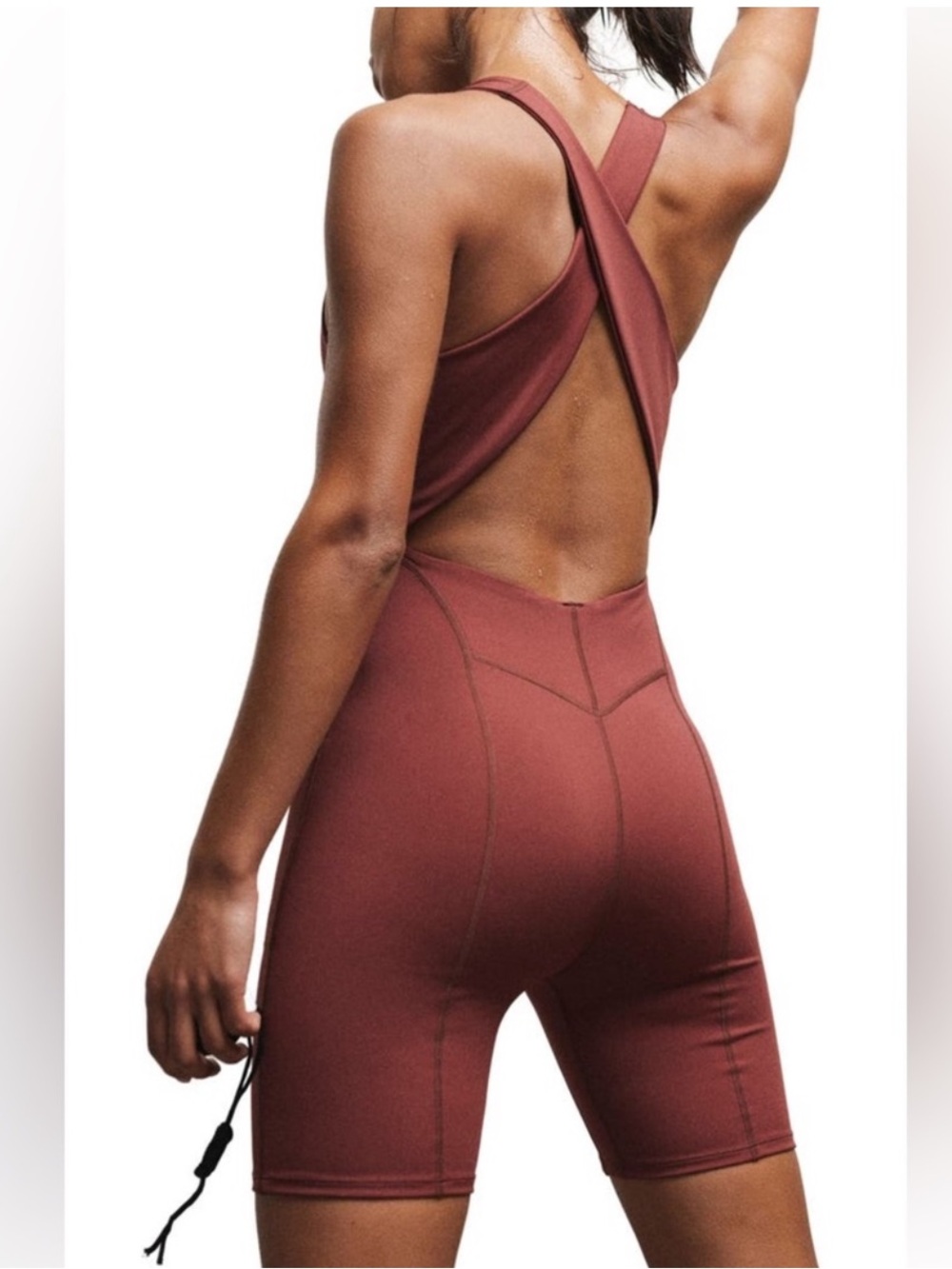 Free People Movement Here on Out Shortsie Cross-Back Active Romper in Nutmeg S